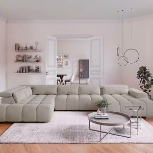 Orion U alakú ülőgarnitúra platinum színben, állítható fejtámlákkal és 6 derékpárnával