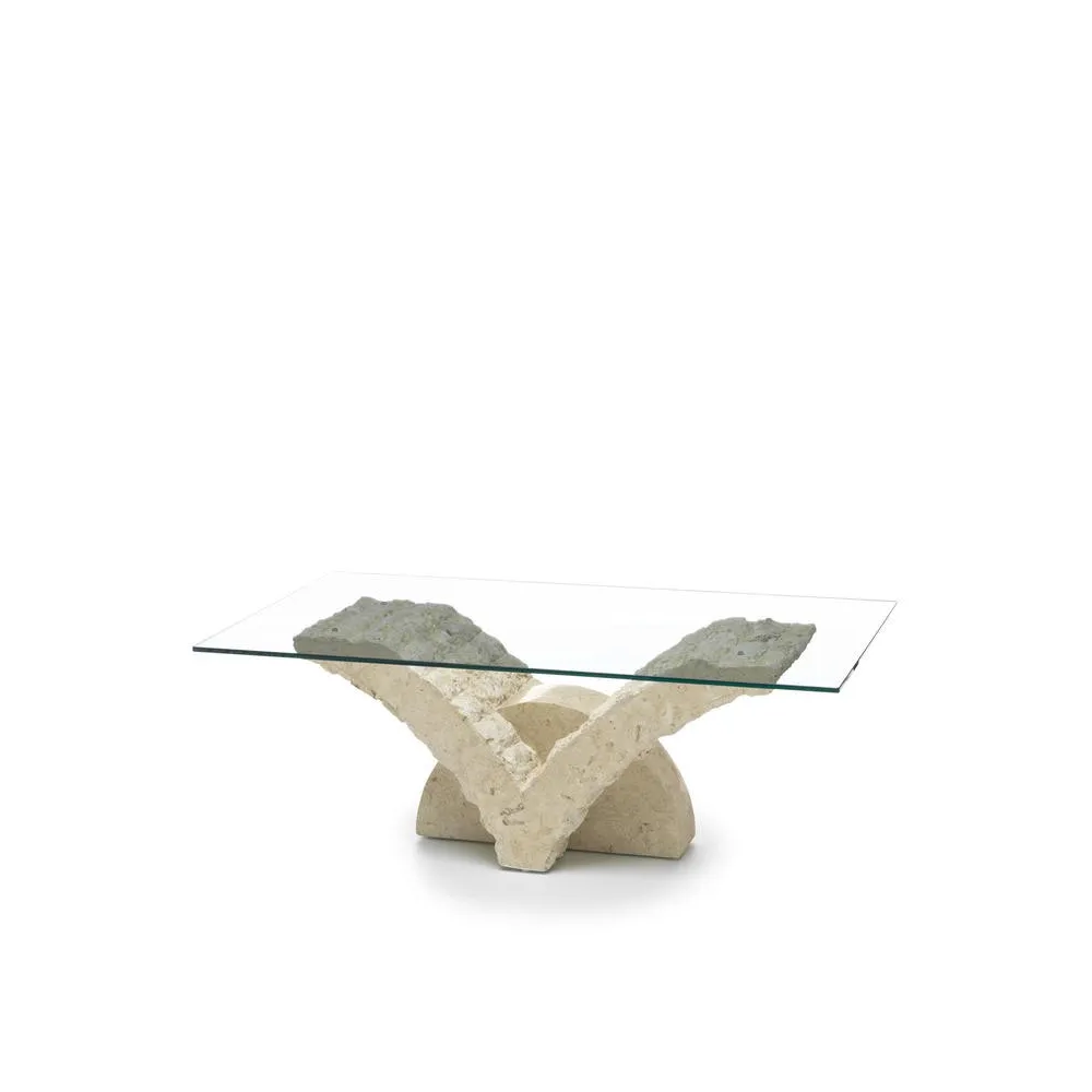 Papillon krémfehér kő dohányzóasztal edzett üveglappal – 120 × 70 × 40 cm (PHARAO) - Image 2