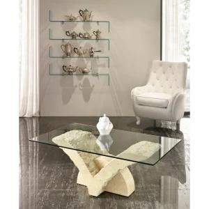 Papillon krémfehér kő dohányzóasztal edzett üveglappal – 120 × 70 × 40 cm (PHARAO)
