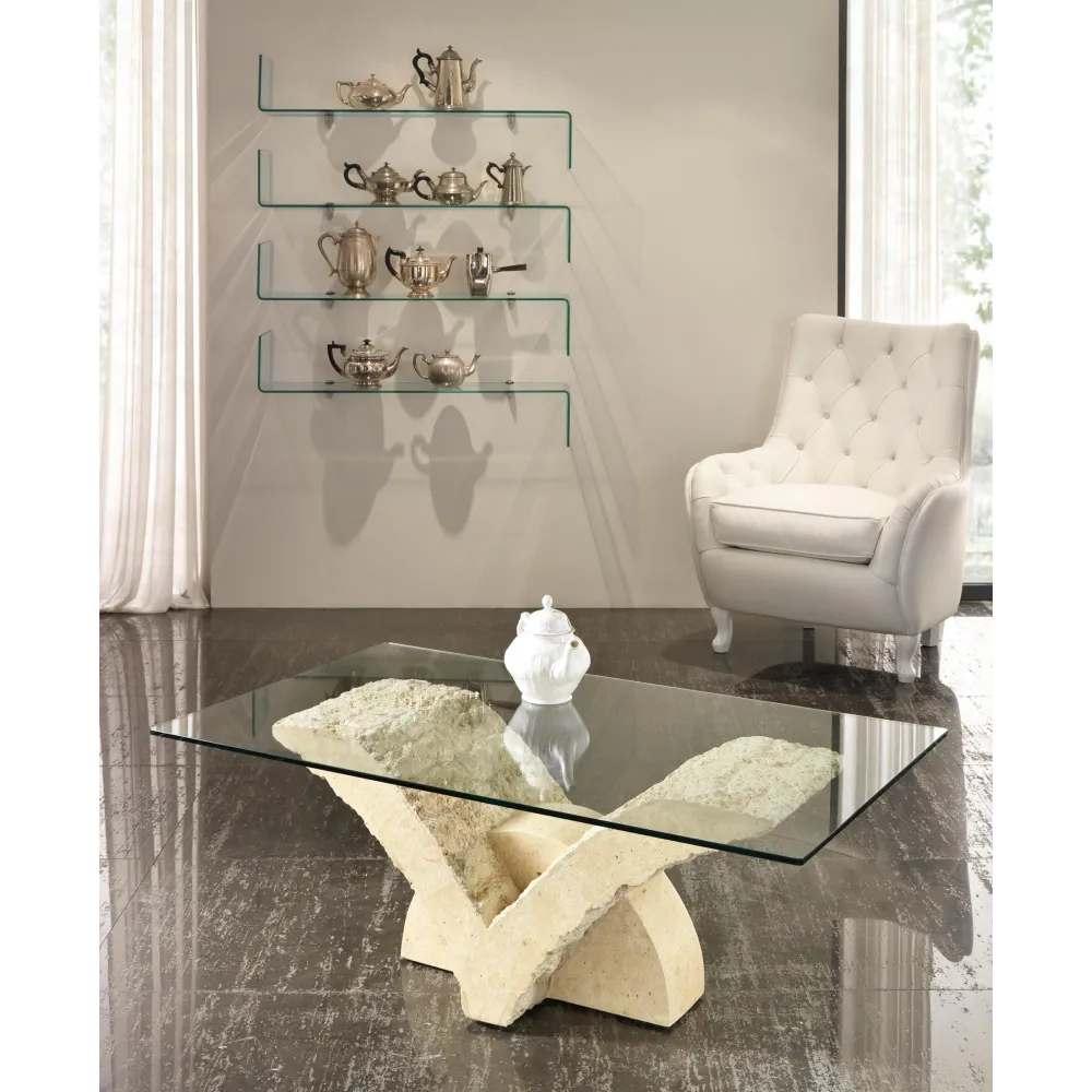 Papillon krémfehér kő dohányzóasztal edzett üveglappal – 120 × 70 × 40 cm (PHARAO)