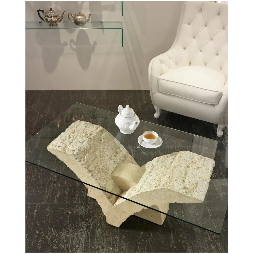 Papillon krémfehér kő dohányzóasztal edzett üveglappal – 120 × 70 × 40 cm (PHARAO) - Image 4