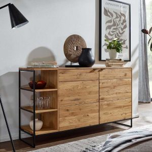 Coozia étkező komód, tömör vad tölgy ajtókkal, fekete fém állvánnyal – 150 × 85 × 40 cm (PHARAO)