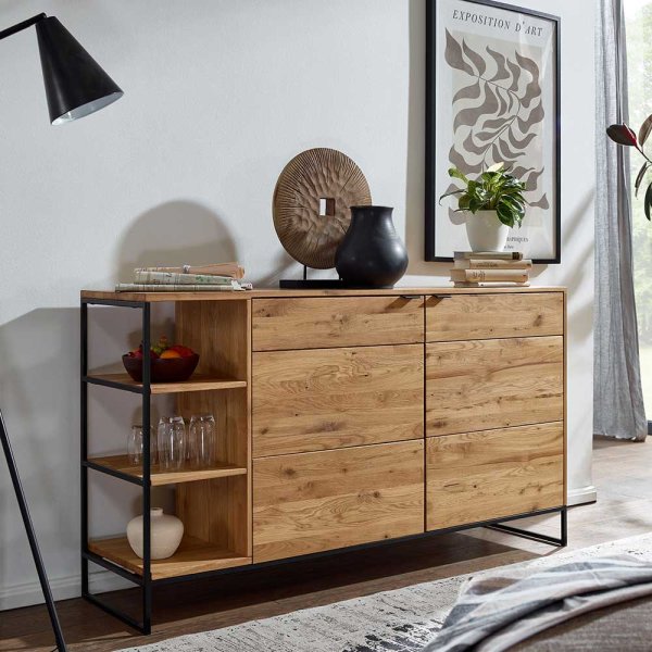 Coozia étkező komód, tömör vad tölgy ajtókkal, fekete fém állvánnyal – 150 × 85 × 40 cm (PHARAO)