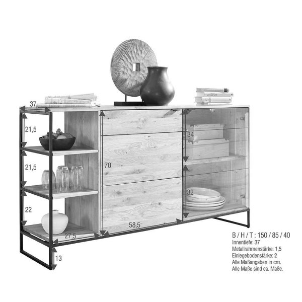 Coozia étkező komód, tömör vad tölgy ajtókkal, fekete fém állvánnyal – 150 × 85 × 40 cm (PHARAO) - Image 7