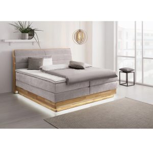 Jenna boxspring ágy LED világítással, ágyneműtartóval és prémium topperrel – Argento színben, 200 × 200 cm fekvőfelülettel