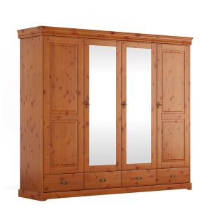 Rovert tömör fenyő gardróbszekrény mézszínben, tükrös ajtókkal – 253 × 218 × 62 cm (PHARAO)