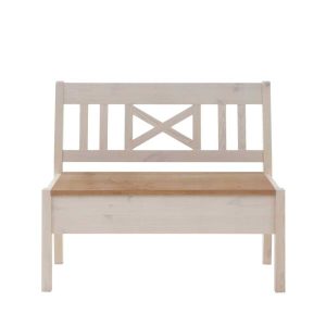 Voluntary tömör fenyő tárolós pad háttámlával – fehér / natúr fenyő színben, 105 × 93 × 53 cm (PHARAO)