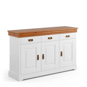 Limita vidéki stílusú komód / sideboard – fehér és fenyő színben, tömör fenyőből – 140×88×43 cm (PHARAO)