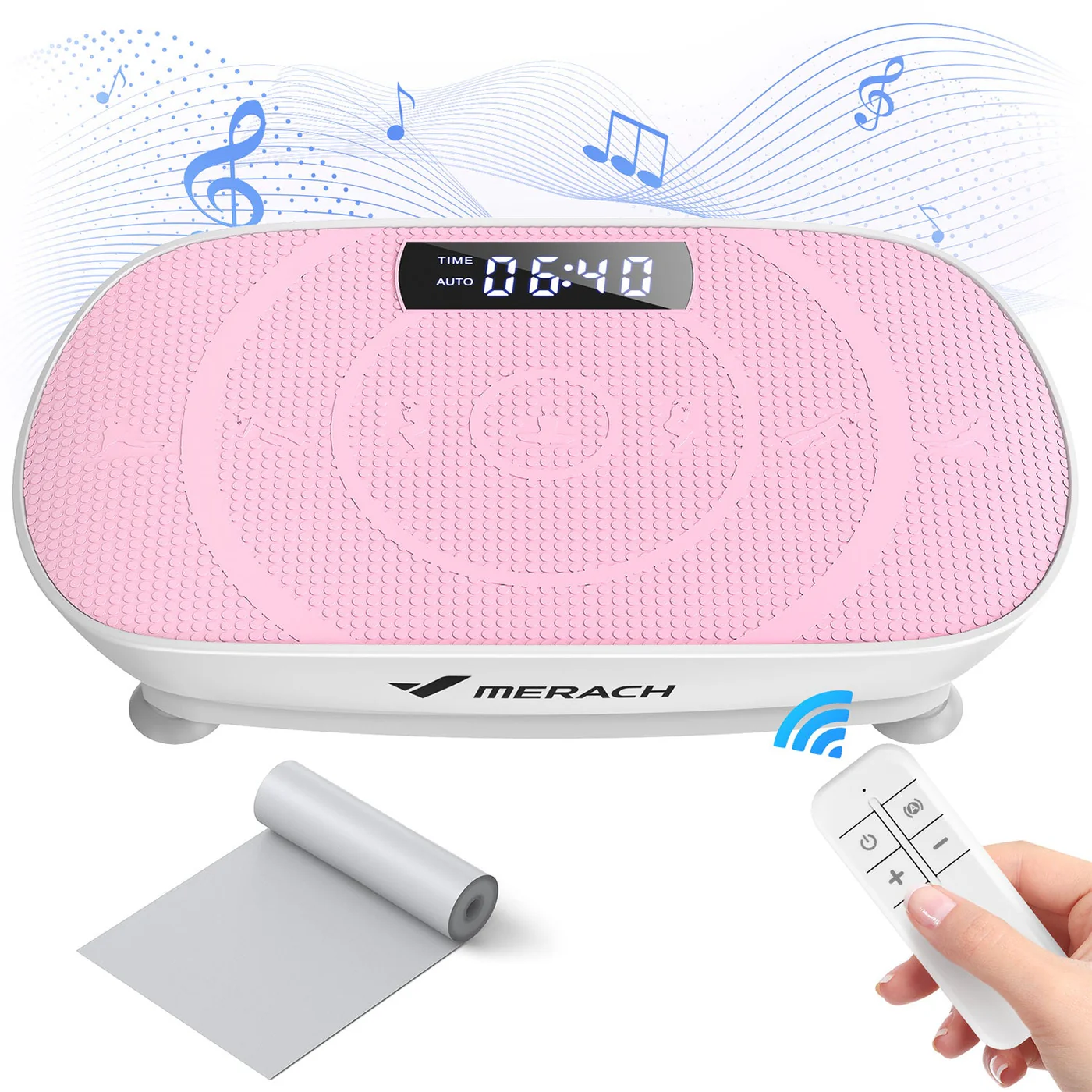 MERACH 2398 vibrációs tréner – szürke és pink színben, Bluetooth hangszóróval és ellenállási szalagokkal, 136 kg-os teherbírással
