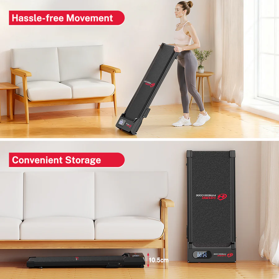 HOMEFITNESSCODE T7 kompakt elektromos sétapad fekete színben, 1–6 km/h sebességgel, 5% manuális emelkedővel, távirányítóval, 120 kg teherbírással - Image 6