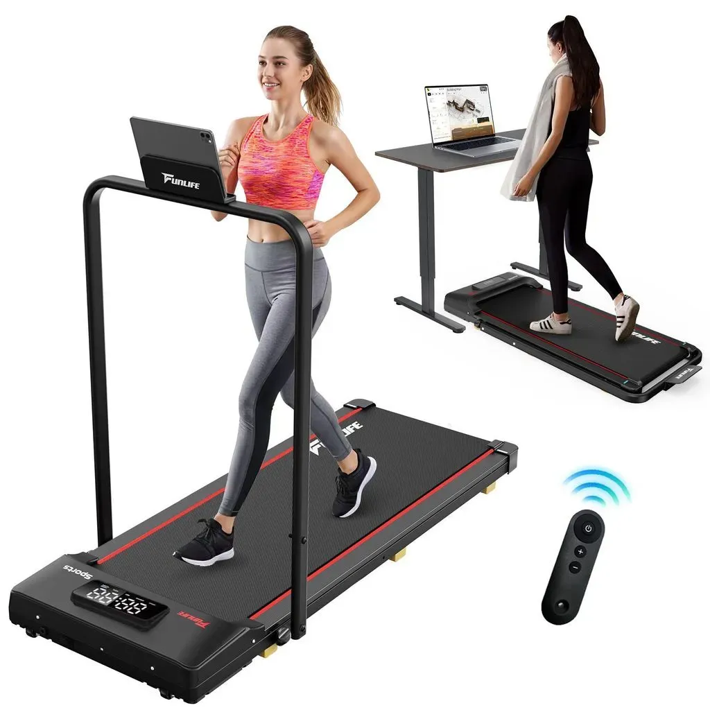 FunLife F1 összecsukható elektromos sétapad piros vagy kék színben, kapaszkodóval, 1–8 km/h sebességgel, távirányítóval, 120 kg teherbírással