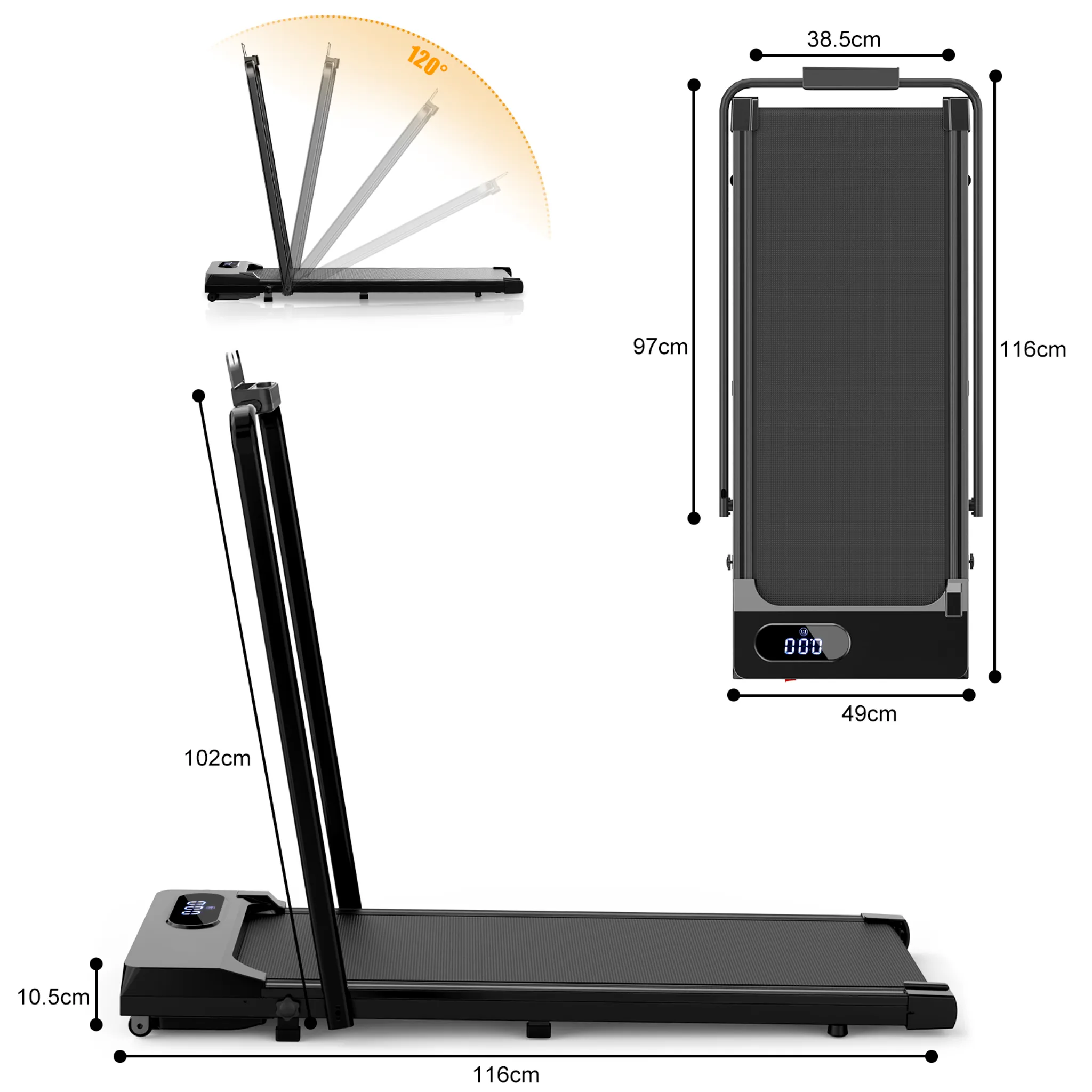 Bigzzia X21E00M265 összecsukható elektromos sétapad fekete színben, kapaszkodóval, 1–8 km/h sebességgel, 120 kg teherbírással - Image 3