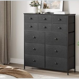 HOMELYA 12 fiókos textil komód fekete színben, MDF fedlappal és acélvázzal – 99 × 110 × 30 cm
