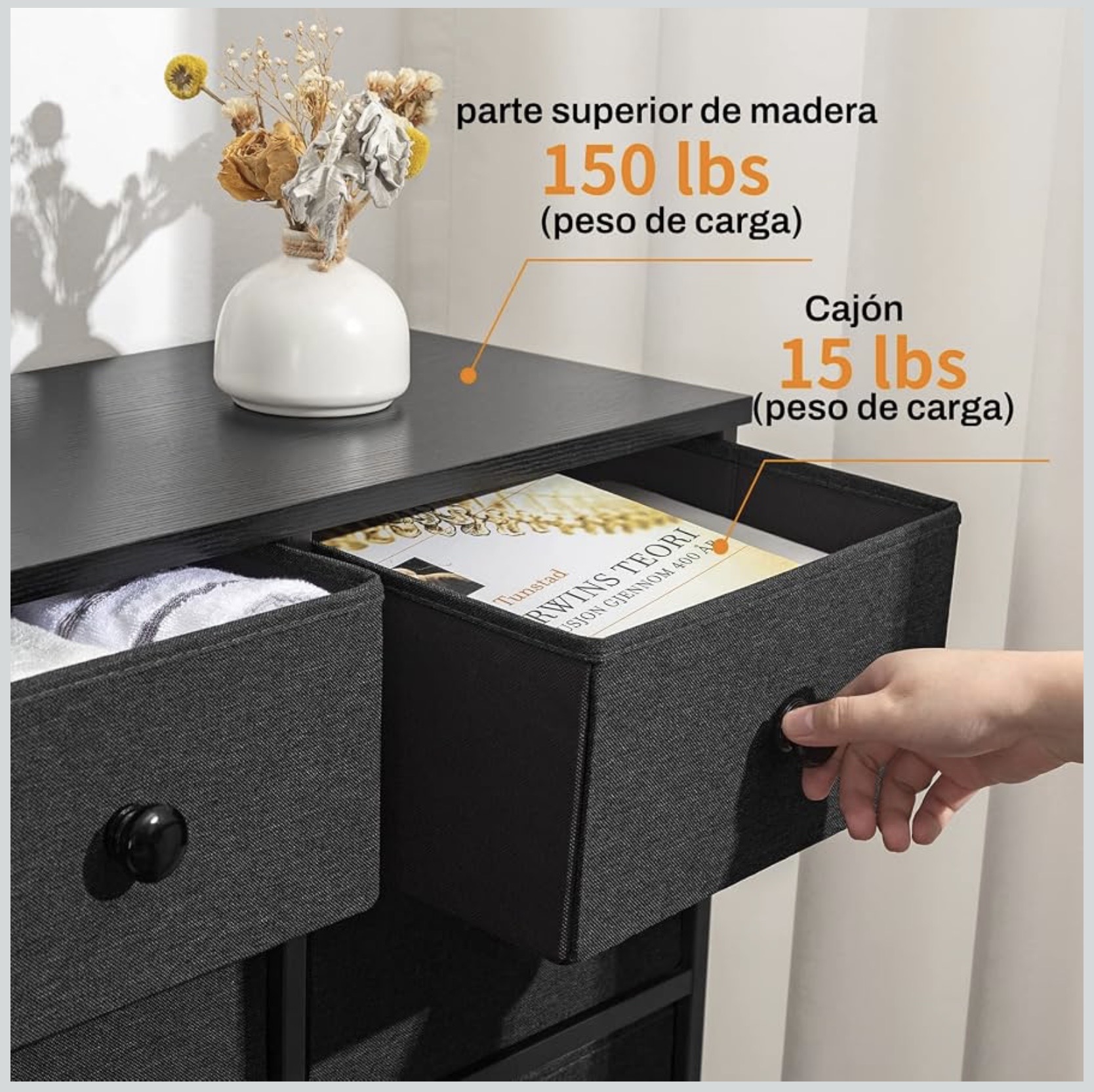 HOMELYA 12 fiókos textil komód fekete színben, MDF fedlappal és acélvázzal – 99 × 110 × 30 cm - Image 3
