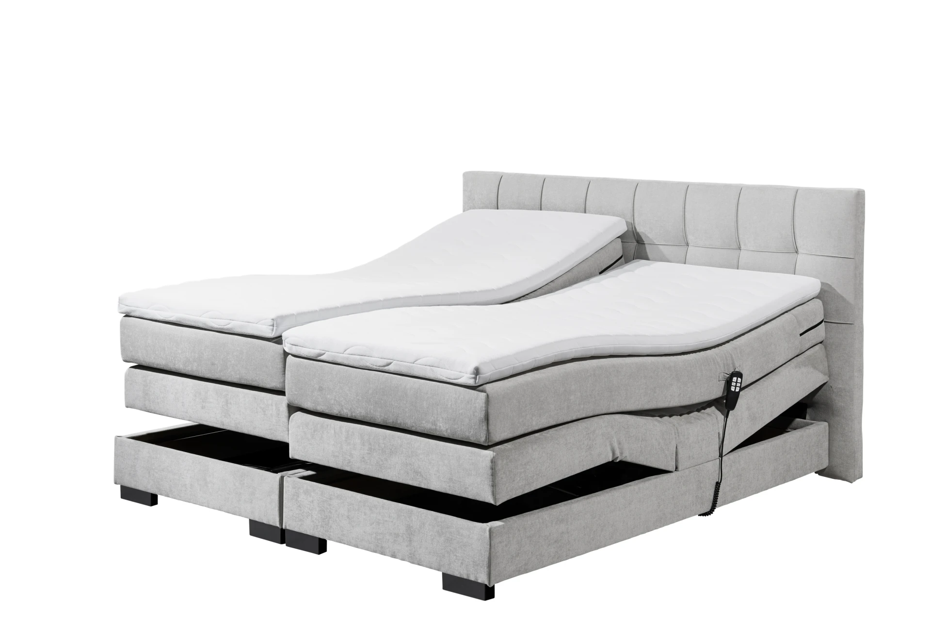 Talena motorosan állítható boxspring ágy ezüstszürke színben, 7 zónás táskarugós matraccal és HR30 topperrel – 180 × 200 cm, 120 kg/oldal