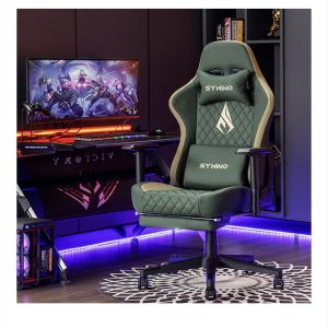 Symino PG ergonomikus gamer szék – zöld PU műbőrrel, lábtartóval és 200 kg teherbírással