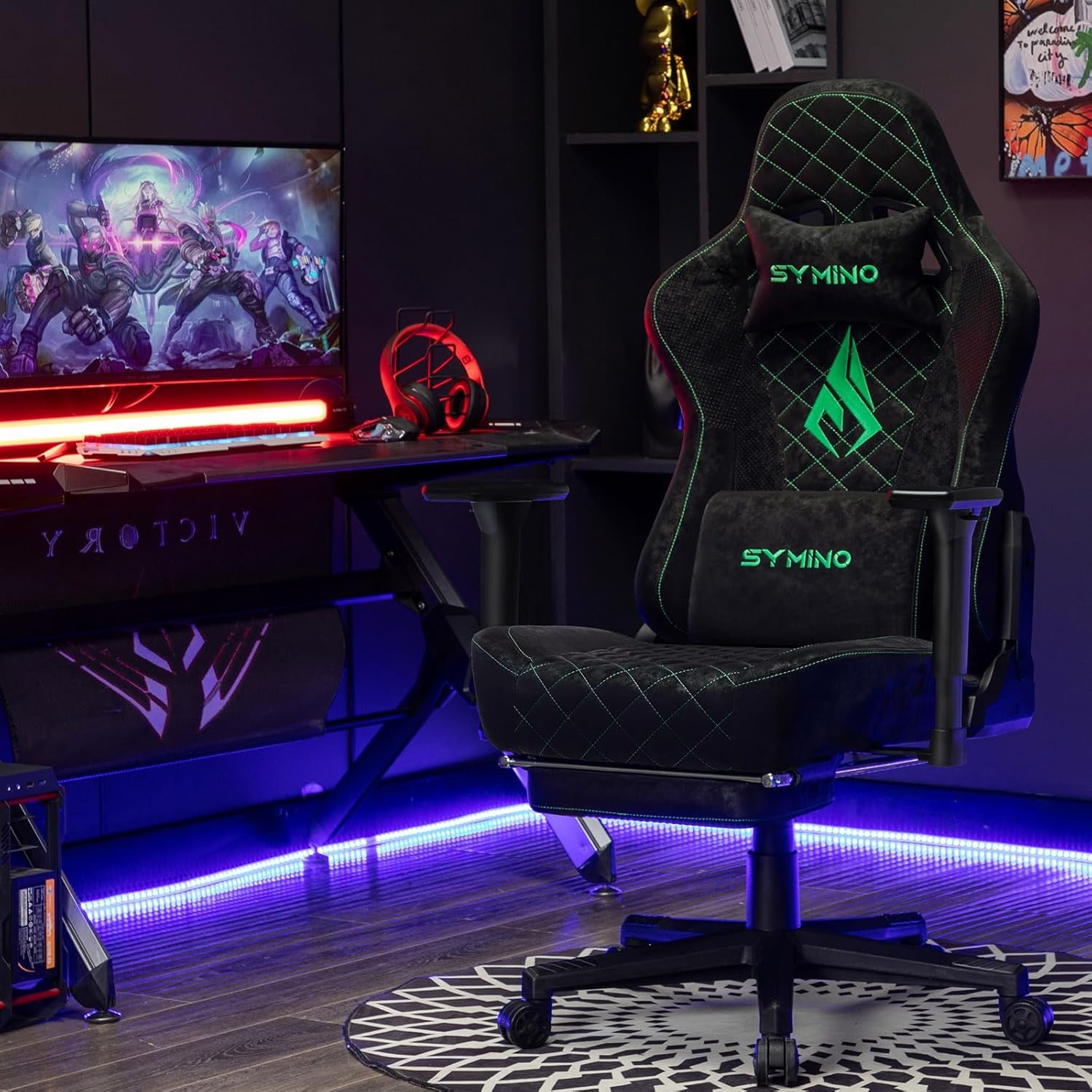 Symino ergonomikus gamer szék – fekete , tisztítható, vintage velúrbőr jellegű kárpittal, lábtartóval, 200 kg teherbírással