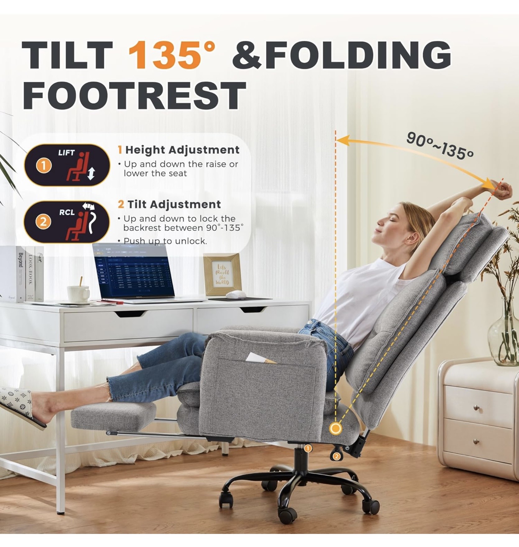 XXL ergonomikus irodai főnöki forgószék – szürke szövetkárpittal, lábtartóval, 227 kg teherbírással - Image 7