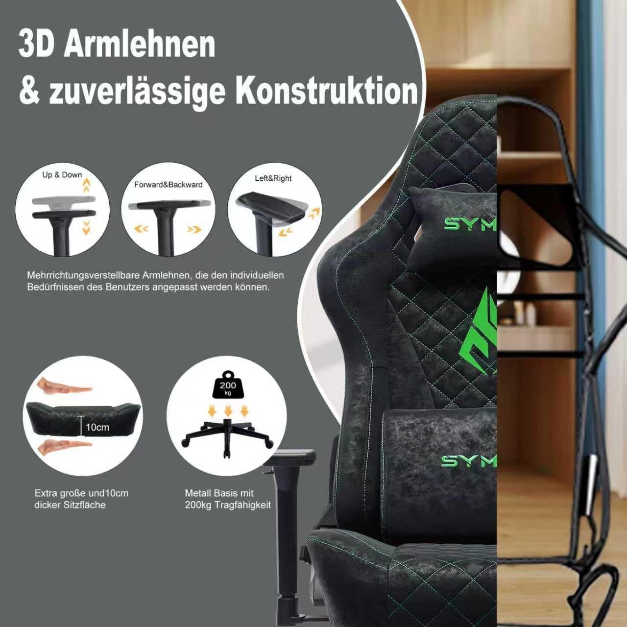 Symino ergonomikus gamer szék – fekete , tisztítható, vintage velúrbőr jellegű kárpittal, lábtartóval, 200 kg teherbírással - Image 5