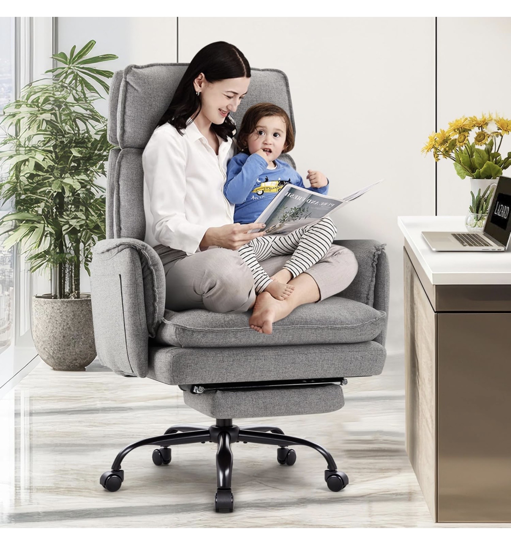 XXL ergonomikus irodai főnöki forgószék – szürke szövetkárpittal, lábtartóval, 227 kg teherbírással