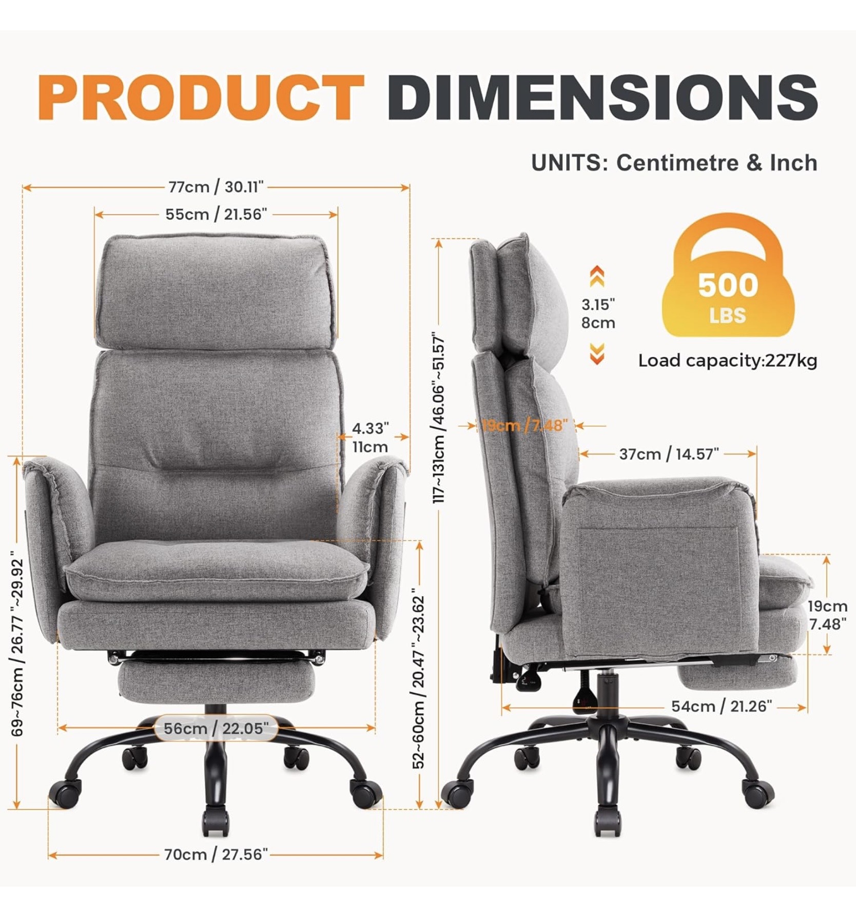 XXL ergonomikus irodai főnöki forgószék – szürke szövetkárpittal, lábtartóval, 227 kg teherbírással - Image 3