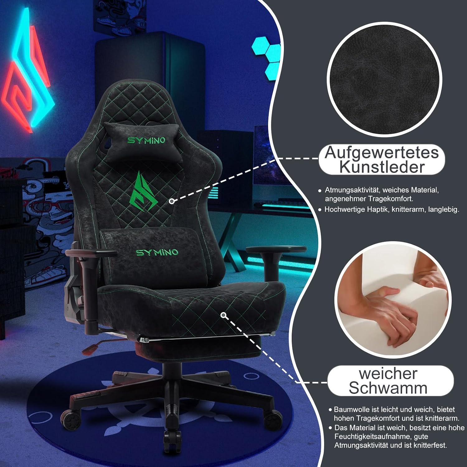 Symino ergonomikus gamer szék – fekete , tisztítható, vintage velúrbőr jellegű kárpittal, lábtartóval, 200 kg teherbírással - Image 4