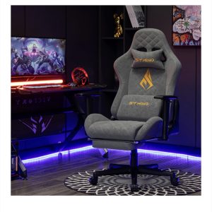Symino FG ergonomikus gamer szék – szürke, tisztítható, vintage PU velúr jellegű kárpittal, lábtartóval és 200 kg teherbírással