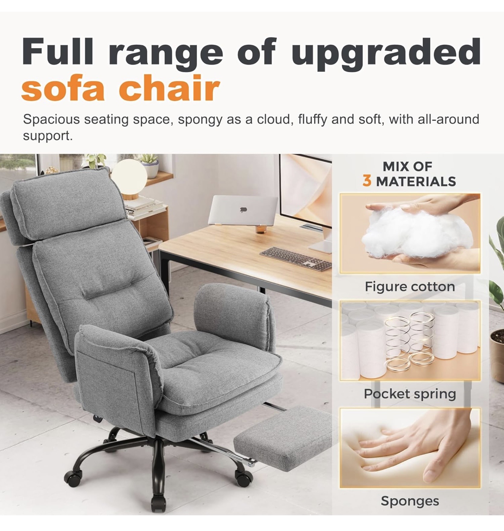 XXL ergonomikus irodai főnöki forgószék – szürke szövetkárpittal, lábtartóval, 227 kg teherbírással - Image 6
