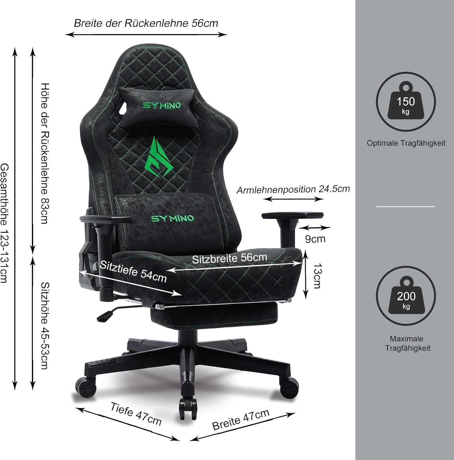Symino ergonomikus gamer szék – fekete , tisztítható, vintage velúrbőr jellegű kárpittal, lábtartóval, 200 kg teherbírással - Image 3
