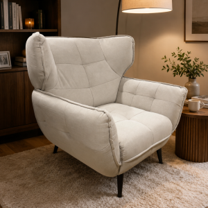 Ariana magas háttámlás fülesfotel – bézs mikroszálas kárpittal, 150 kg teherbírással, 103 × 105 × 98 cm