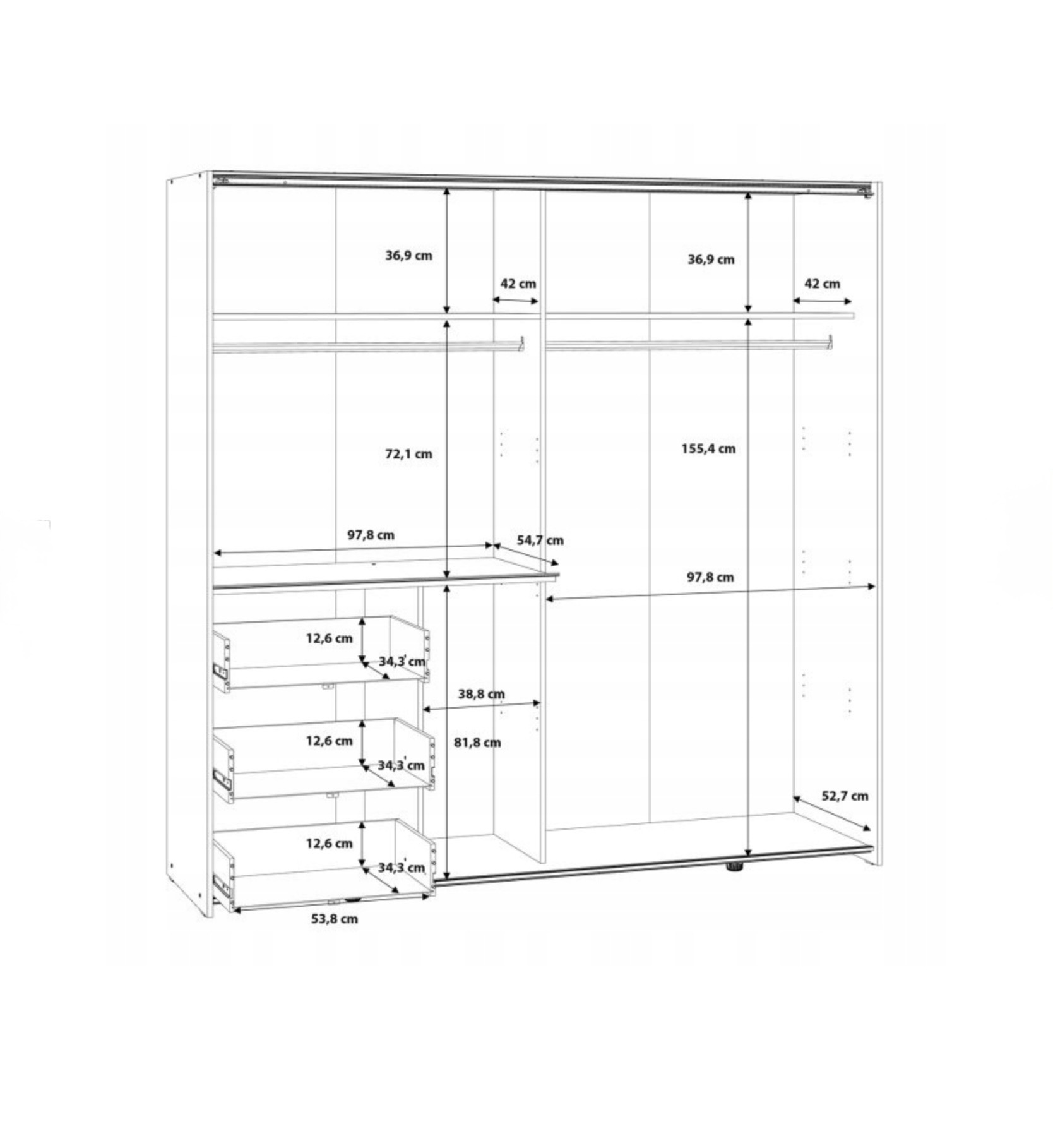 FORTE WINN 2 tolóajtós gardróbszekrény 3 fiókkal, fehér színben – 200 × 201 × 61 cm - Image 6