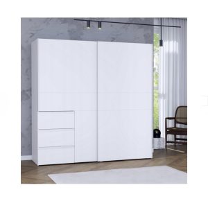 FORTE WINN 2 tolóajtós gardróbszekrény 3 fiókkal, fehér színben – 200 × 201 × 61 cm