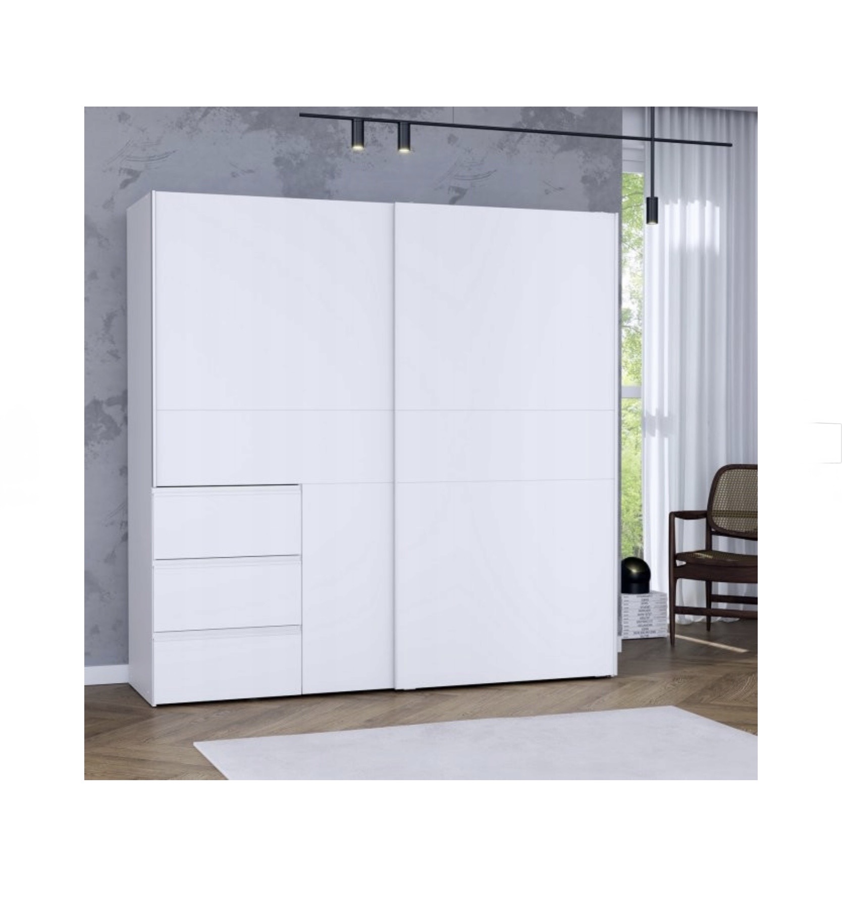 FORTE WINN 2 tolóajtós gardróbszekrény 3 fiókkal, fehér színben – 200 × 201 × 61 cm