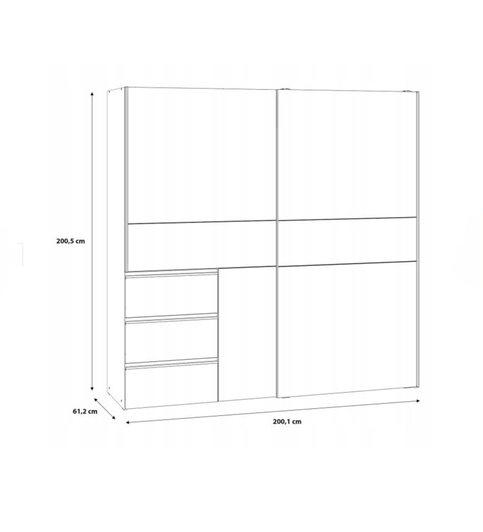 FORTE WINN 2 tolóajtós gardróbszekrény 3 fiókkal, fehér színben – 200 × 201 × 61 cm - Image 5