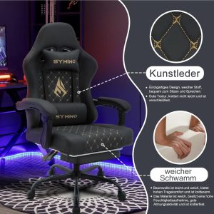 SYMINO FZ ergonomikus gamer szék lábtartóval, dönthető háttámlával, 150 kg teherbírás – fekete