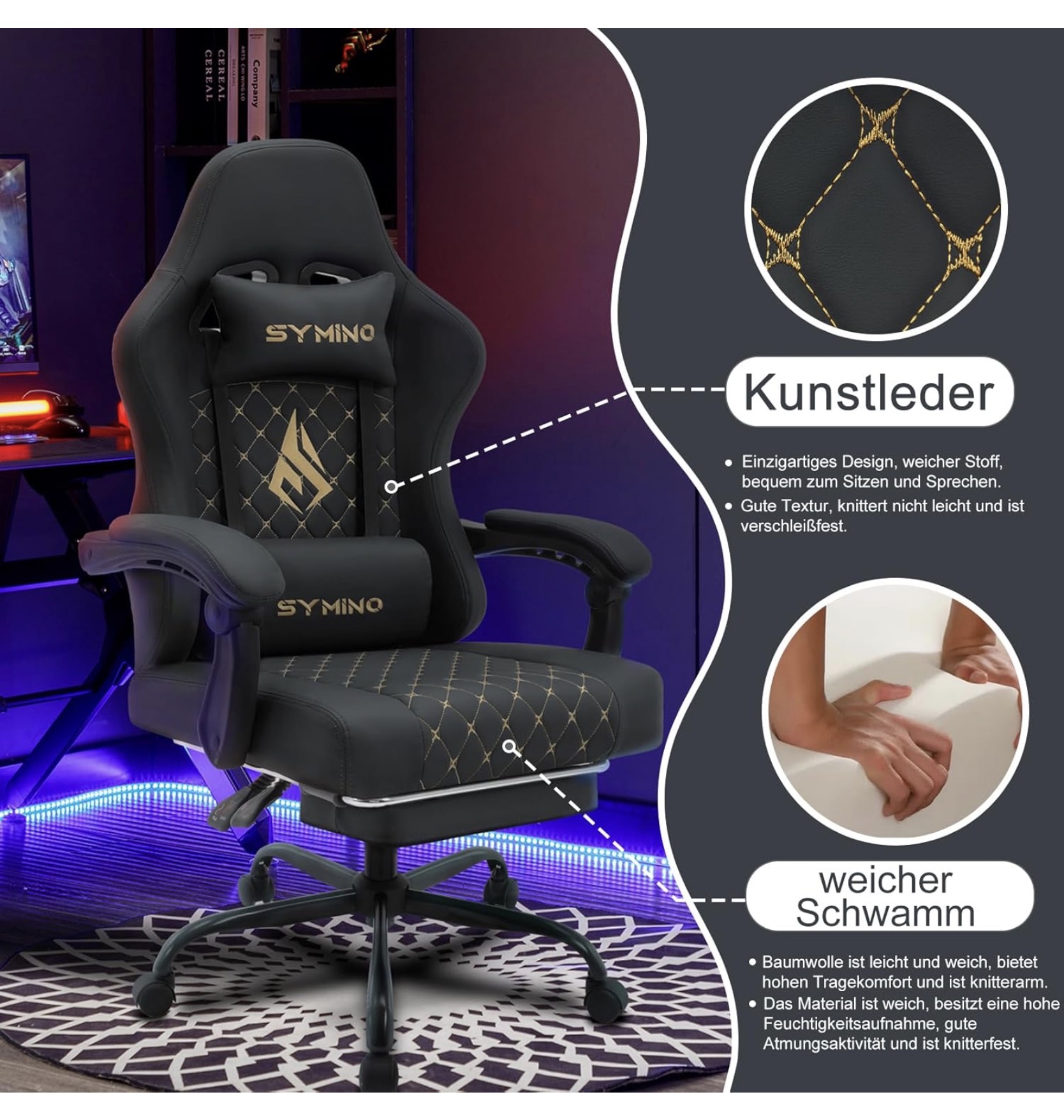 SYMINO FZ ergonomikus gamer szék lábtartóval, dönthető háttámlával, 150 kg teherbírás – fekete