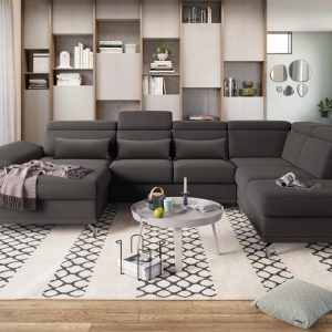 CABRIO U-alakú ülőgarnitúra ágyfunkcióval, ágyneműtartóval, állítható fejtámlákkal és ülésmélységgel – fango szín, 359 × 230 cm