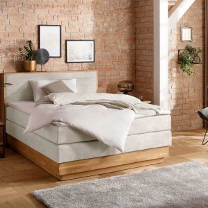 Cavan boxspring ágy bézs színben, tömör tölgyfa kerettel, H2–H3 7 zónás táskarugós matraccal, hideghab topperrel és dupla ágyneműtartóval – 160 × 200 cm
