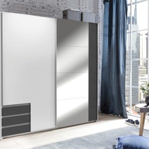 EMDEN tolóajtós ruhásszekrény tükörrel, 3 fiókkal – grafitszürke/fehér – 180 × 198 × 64 cm (X57)