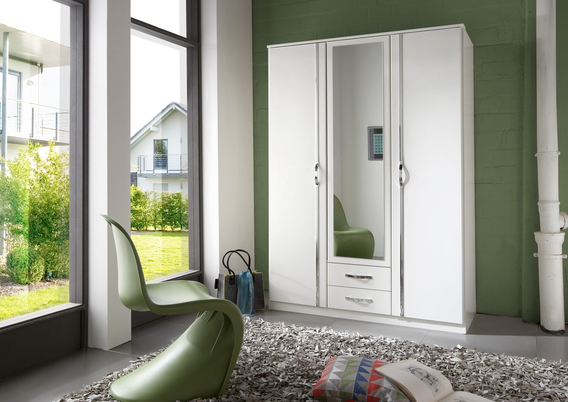 DUO 3 ajtós tükrös ruhásszekrény 2 fiókkal – fehér/króm – 135 × 199 × 58 cm (078)