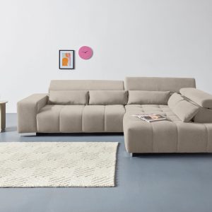 COTTA Orion L-alakú sarokkanapé – állítható fejtámlákkal, 5 derékpárnával, bézs – 310 × 225 cm