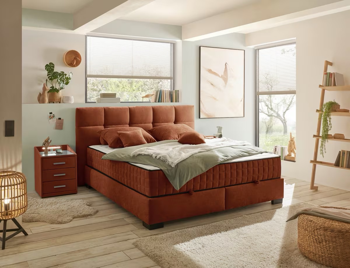 NAGOL box ágy ágyneműtartóval, 9 zónás H3–H4 matraccal, konyak színben – 180 × 200 cm