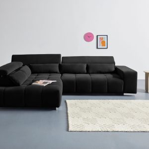 COTTA Orion L-alakú sarokkanapé – állítható fejtámlákkal, 5 derékpárnával, fekete – 310 × 225 cm