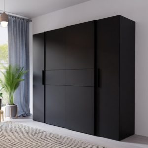 KALIXTUS toló- és nyílóajtós gardróbszekrény polcokkal és akasztórúddal – fekete/fehér – 200,1 × 190,5 × 61,2 cm