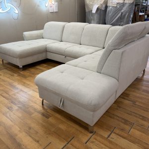 Maggio U alakú ágyazható sarokkanapé állítható fejtámlákkal és ágyneműtartóval – bézs – 165 × 310 × 215 cm