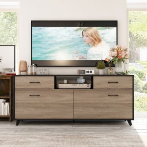Modern TV-szekrény 160 × 40 × 68 cm – fekete-szürke famintás, 2 fiókkal és 2 ajtóval