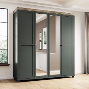 Evora 4 ajtós tükrös ruhásszekrény – zöld / Lefkas tölgy – 200 × 216 × 62 cm (22638225)