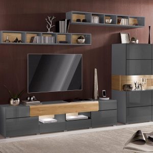 Toledo 5 részes nappali bútorfal – antracit magasfényű / antik tölgy – 391 cm (373853)