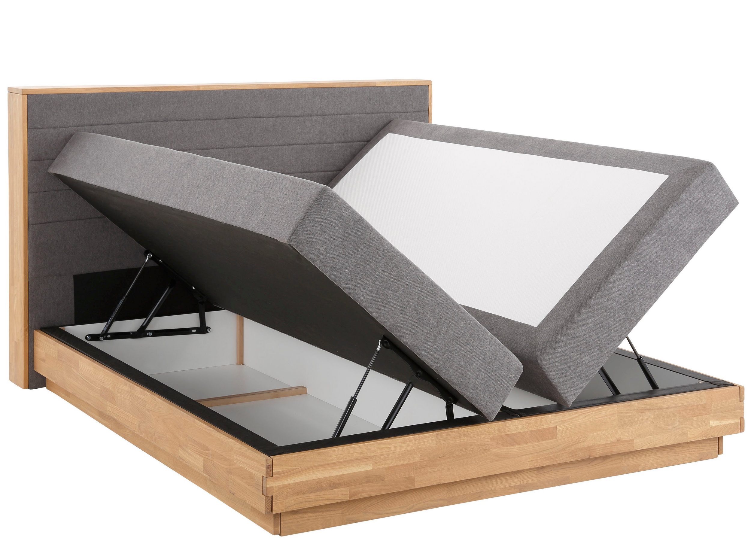 CAVAN prémium boxspring franciaágy 180 × 200 cm – antracitszürke szövet, tömör tölgyfa keret, 2 ágyneműtartó, H3/H4 matrac és fedőmatrac - Image 4