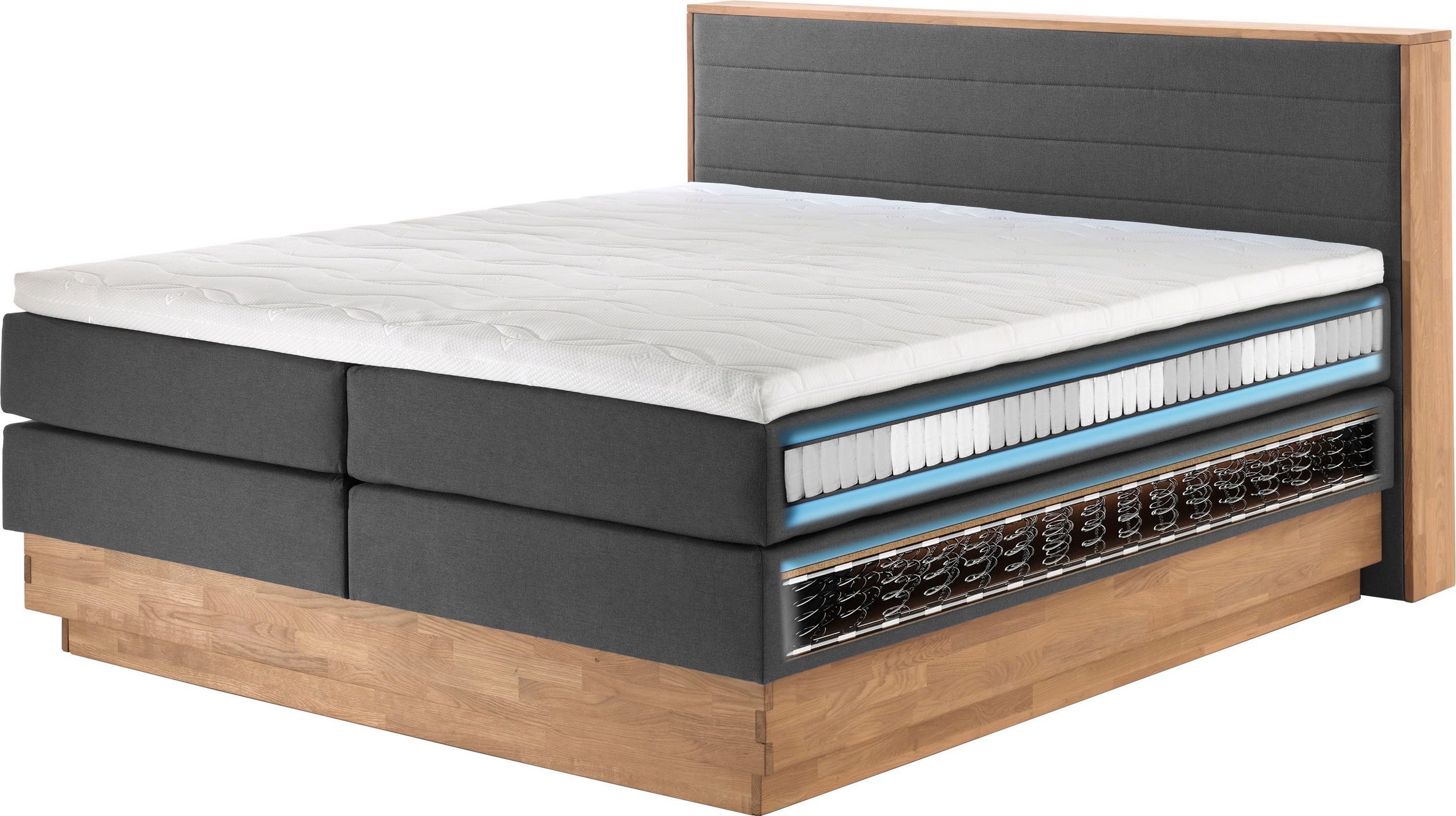 CAVAN prémium boxspring franciaágy 180 × 200 cm – antracitszürke szövet, tömör tölgyfa keret, 2 ágyneműtartó, H3/H4 matrac és fedőmatrac - Image 5